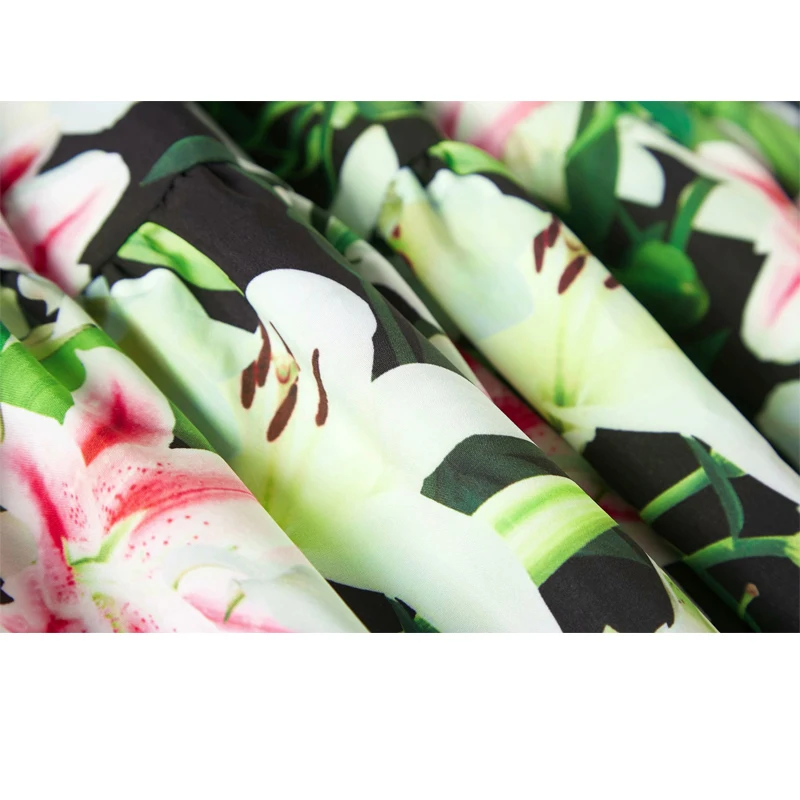 

SEQINYY Beach Dress 2019 Summer New Fashion Design Short Sleeve Ruffles A-line Midi Lily Flowers Green Printed Dress
