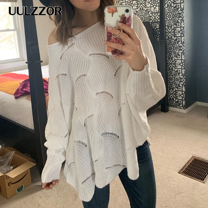 UULZZOR Loose Solid Hollow Out Women sweater Spring Autumn Sweaters Fashion Pullover Long Sleeve Knitted Female | Женская одежда