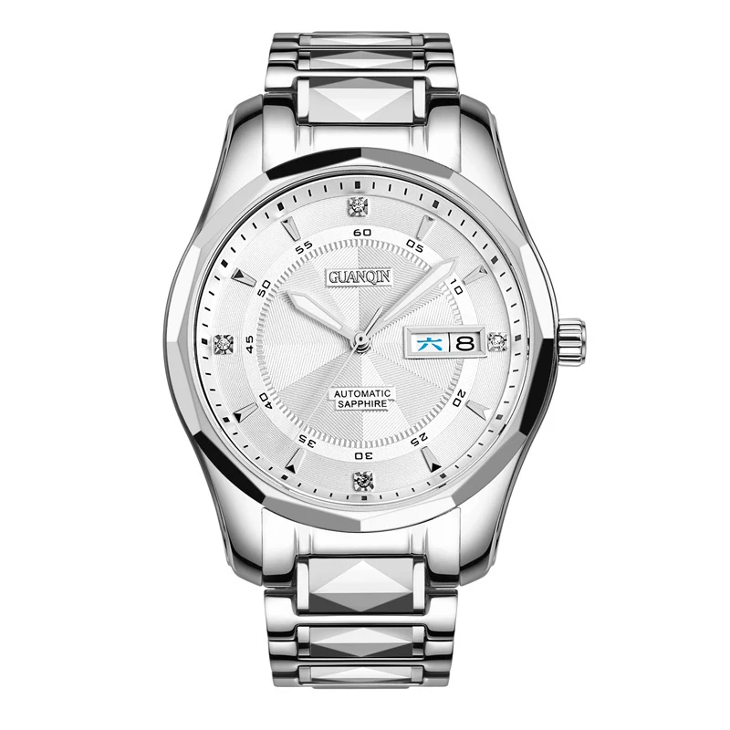 Silver White Высококачественные деловые часы GUANQIN для мужчин, роскошные полностью вольфрамовые стальные механические часы с календарем и сапфиром, светящиеся часы со скелетом - Цвет: Silver White