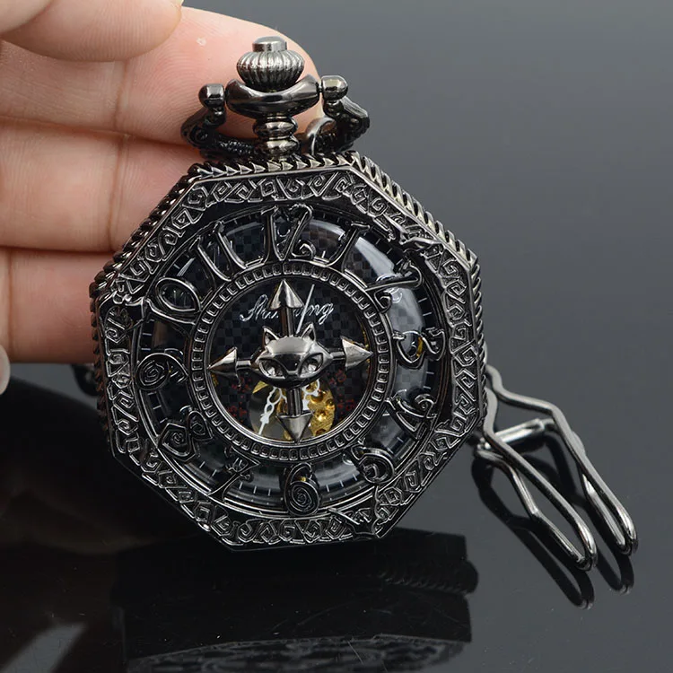 United Kingdom Bat Hexagon Skeleton Watches Steampunk Pocket Watch Antique Black Half Hunter Mechanical | Наручные часы