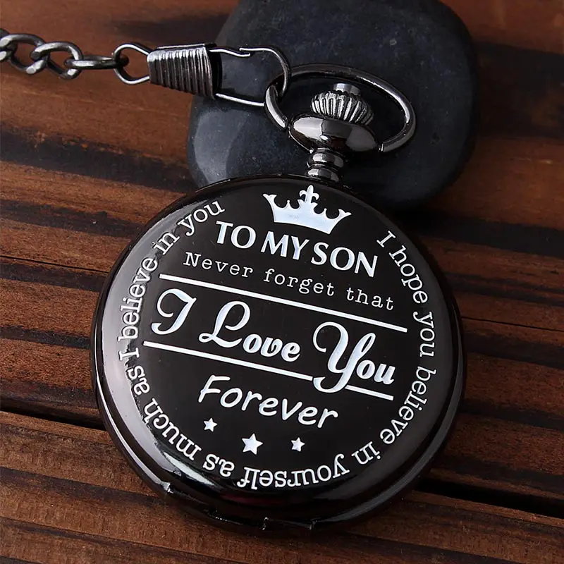 Кварцевые карманные часы для мужчин с надписью «My Son I Love You», золотые часы для детей, карманные часы с цепочкой, подарки на день детей - Цвет: Black