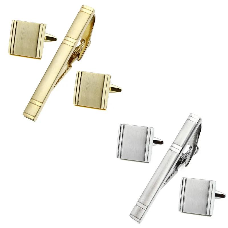 

Trendy Square and Gold Man Shirt Cuff Links and Tie Bar Clips Set for Wedding and Business Accessories