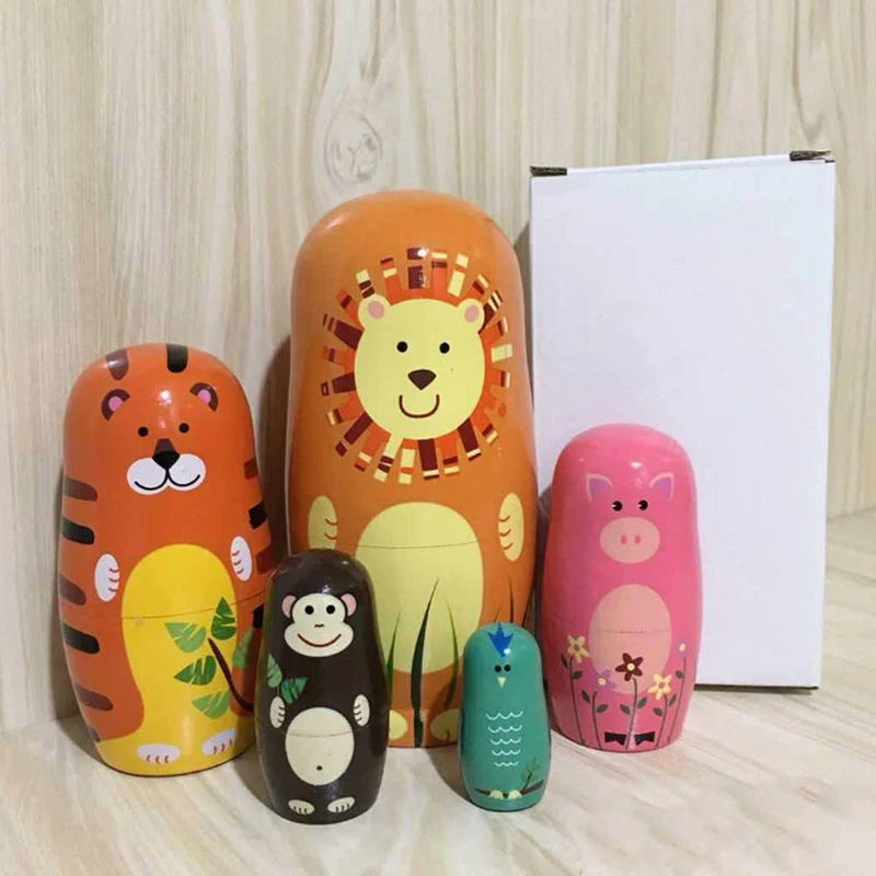 5 PCS/set Cute Russian Nesting Dolls Matryoshka Doll Toy 6&quot Tall Handmade Wooden Craft Cartoon Animals Pattern Kids Toys Gifts | Игрушки