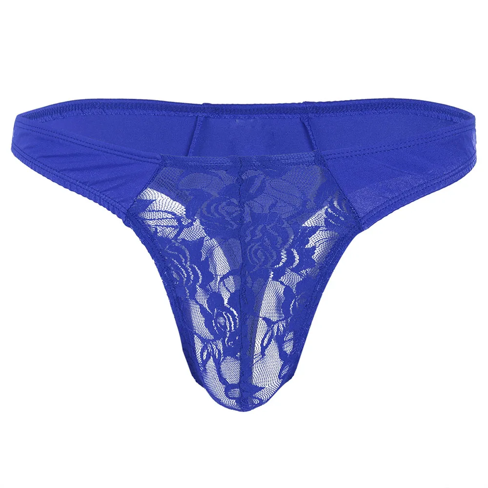 Blue IEFiEL, мужское нижнее белье, низкая посадка, прозрачные, кружевные, с цветочным рисунком, с выпуклой сумкой, сексуальные, мужские стринги, нижнее белье, трусы, Wetlook, трусики - Цвет: Blue