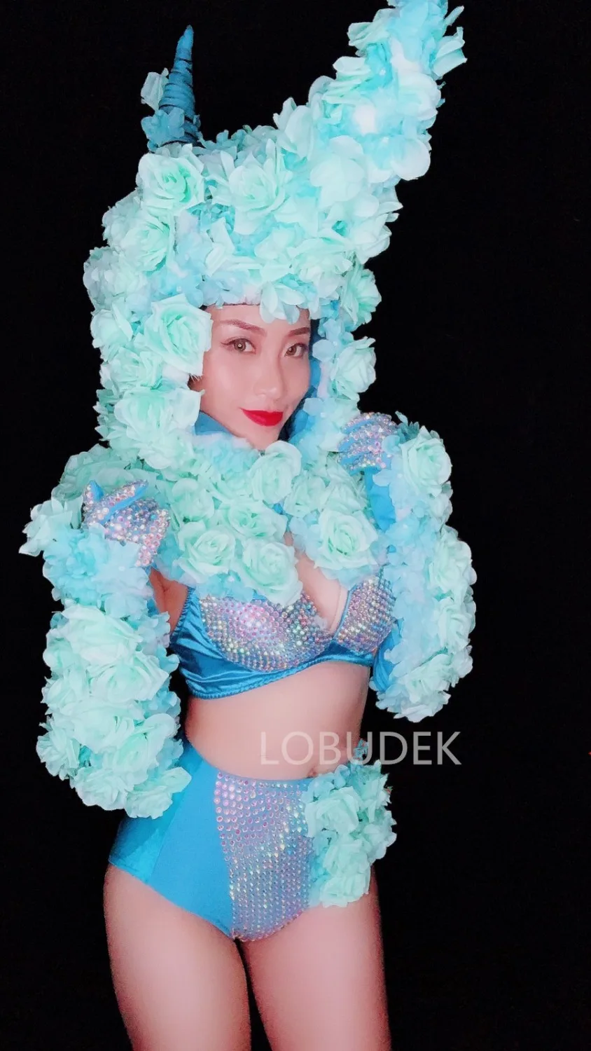 Блестящие стразы бикини синие цветы головные уборы для ночного клуба женские