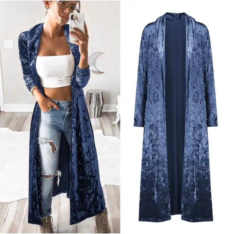 blue Semfri, длинный кардиган, куртка, зима, осень, для женщин, модное, свободное, открытая стежка, пальто, одноцветная, уличная,, модная куртка, корейский стиль - Цвет: blue