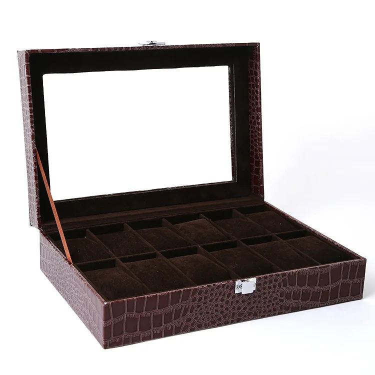 Коричневая роскошная коробка для хранения под крокодиловую кожу витрина 12 ячеек