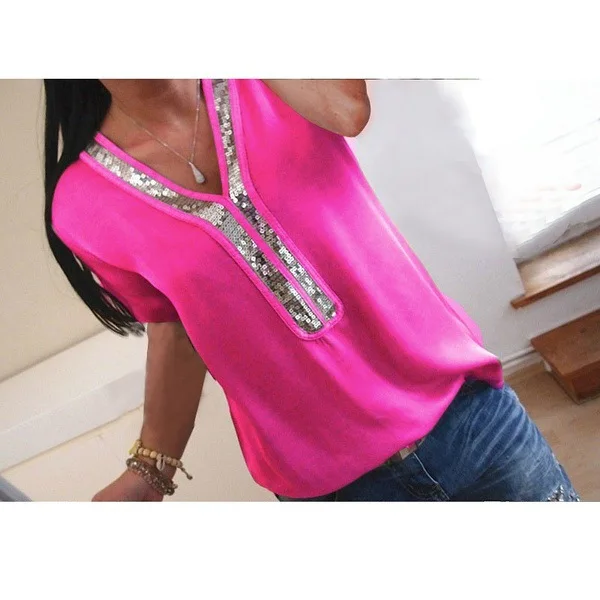 2019 Летняя Туника Женская Футболка с Блестками Лоскутное V образным Вырезом