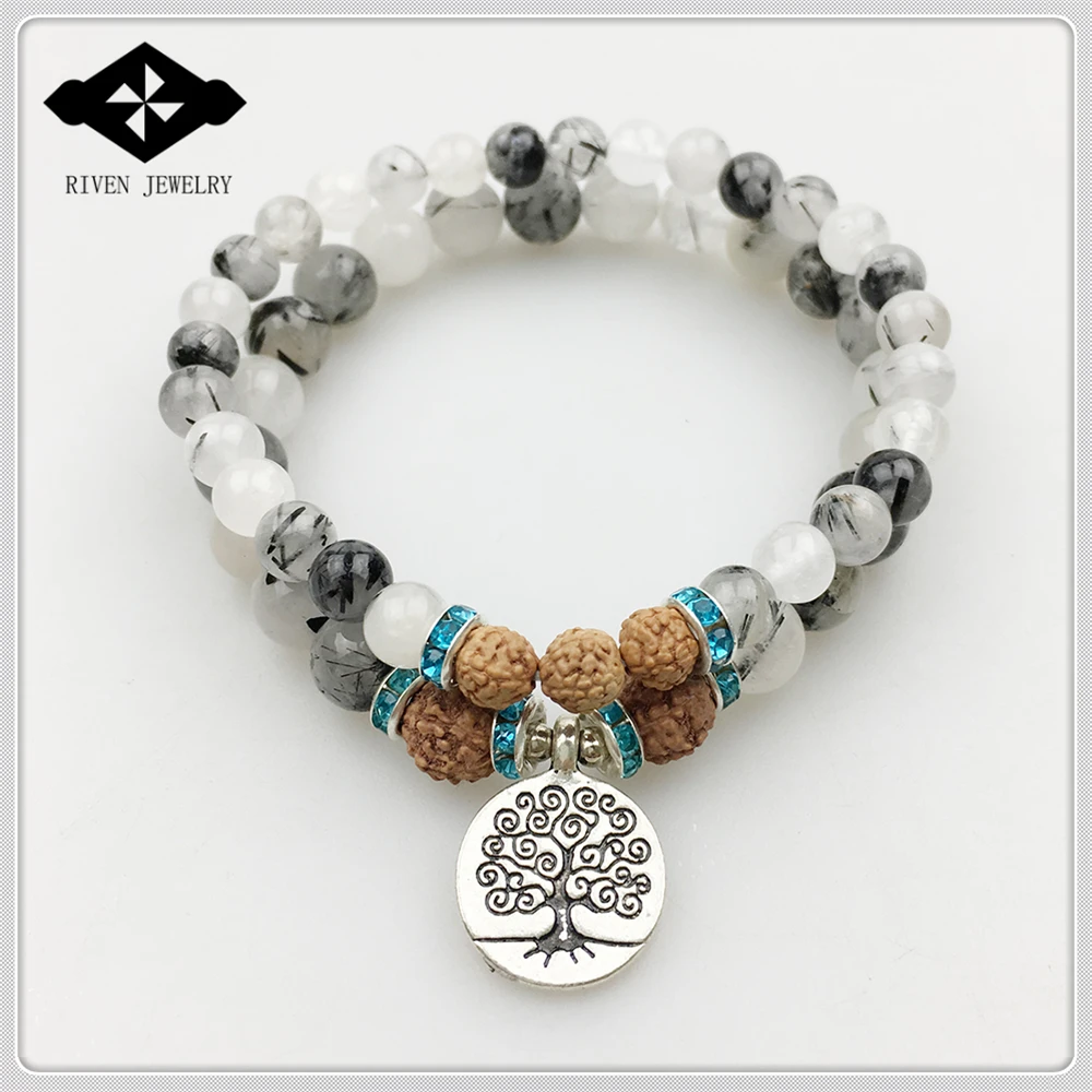 SN1175 браслет с изображением дерева жизни ручная работа черный рутилированный