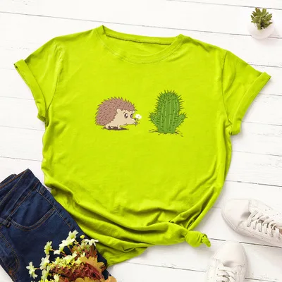green SINGRAIN летняя кавайная мультяшная футболка Харадзюку Ежик кактус женские Забавные топы размера плюс принт с животными футболка Новинка - Цвет: green