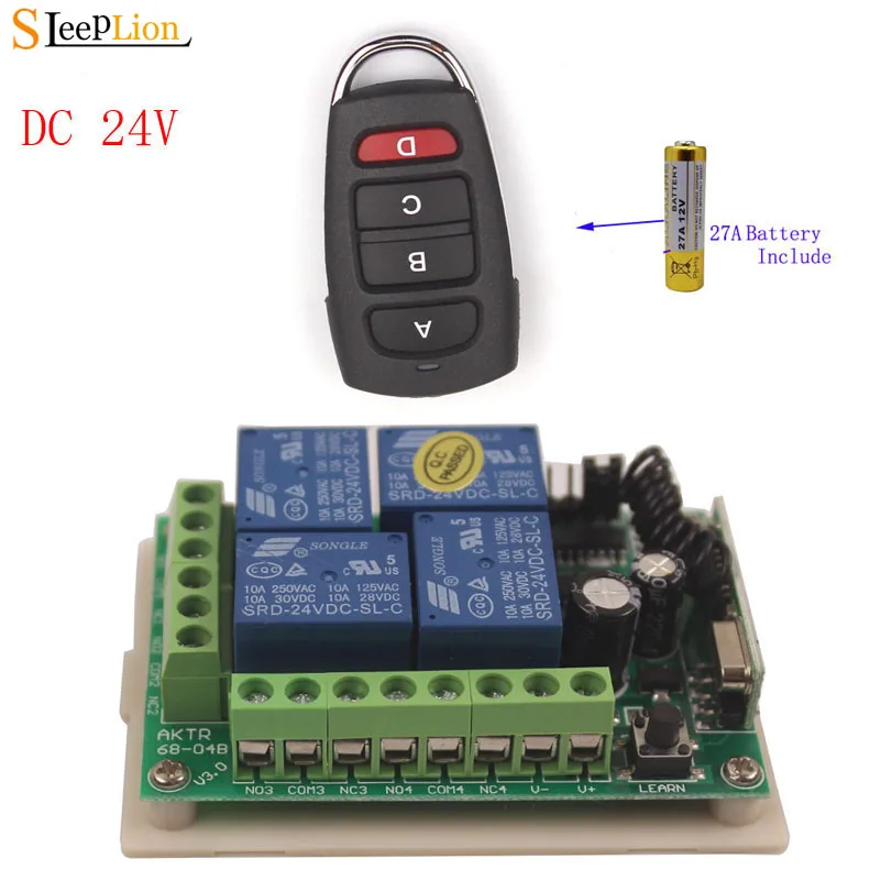 

Sleeplion 24V 4Channel Universal Remote Switch Wireless Remote Control Garage Door Switch 24V 4CH Module 315/433MHz