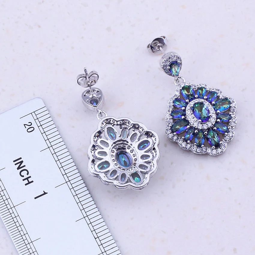 Сверкающие серьги с синими радужными мистическими кристаллами и кубическим