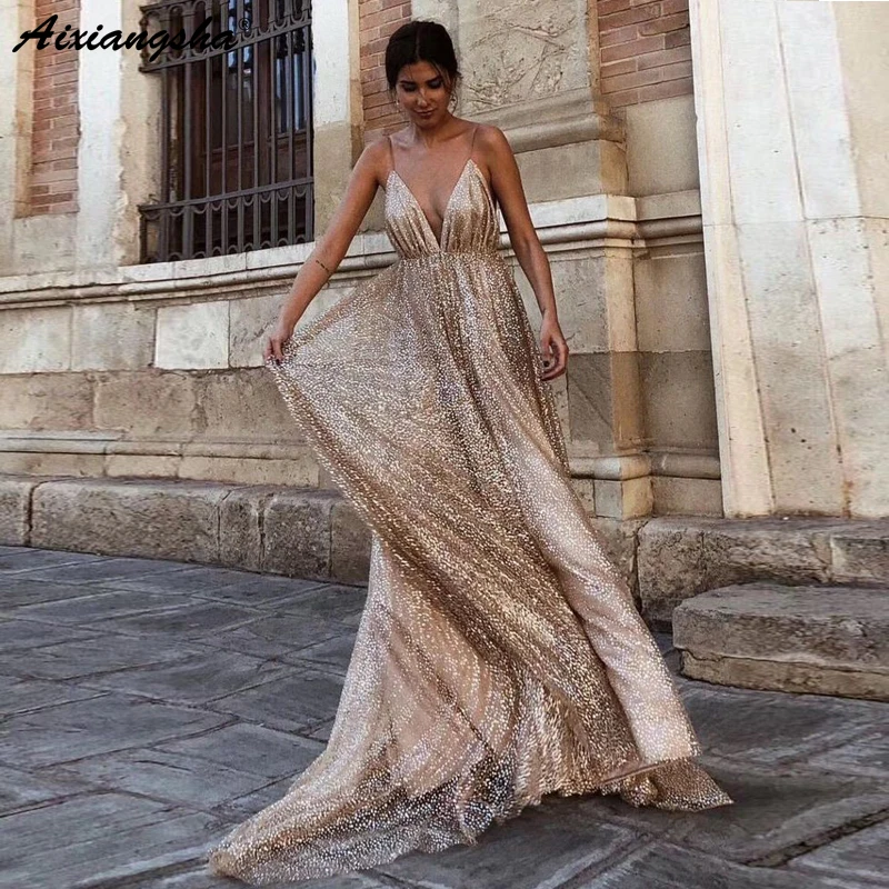 Сверкающие вечерние платья для выпускного вечера vestidos de graduacion ТРАПЕЦИЕВИДНОЕ ПЛАТЬЕ на тонких бретелях с v-образным вырезом и открытой спиной с блестками Золотое длинное платье для выпускного вечера