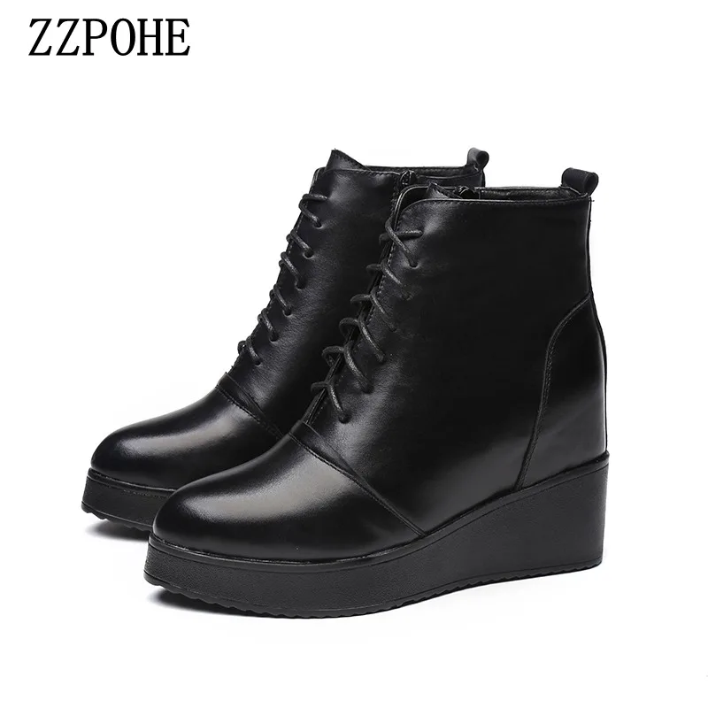 ZZPOHE/Новая модная зимняя женская обувь женские мягкие ботильоны из натуральной кожи на платформе женские черные повседневные ботинки на шнуровке