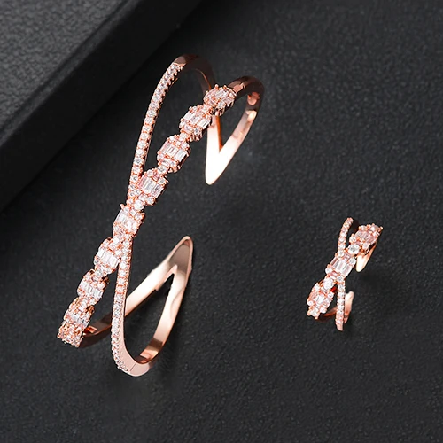 H056B Set Rose Модные подвески роскошный браслет для женщин Свадебные Полный AAA кубический циркон Кристалл CZ Дубай Серебряный Браслет вечерние ювелирные изделия - Окраска металла: H056B Set Rose