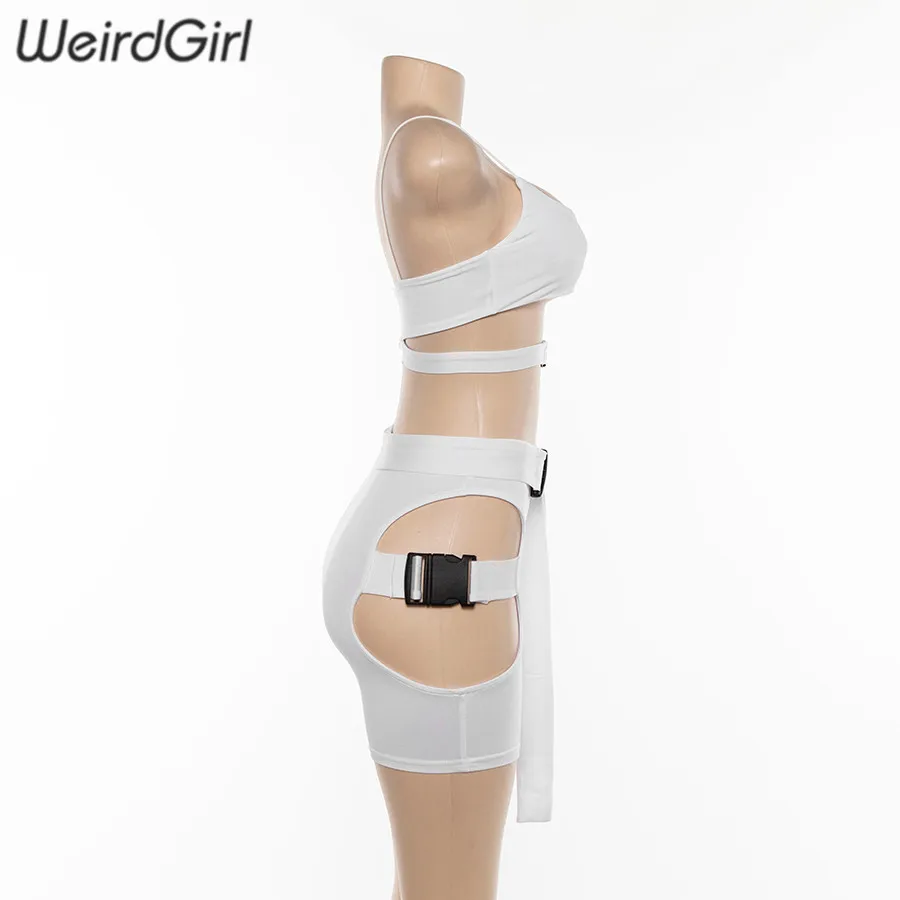 Weirdgirl, женские комплекты из двух частей, без рукавов, с вырезами, однотонные, короткие, для фитнеса, укороченные, на бретельках, топы и шорты с пряжкой для женщин
