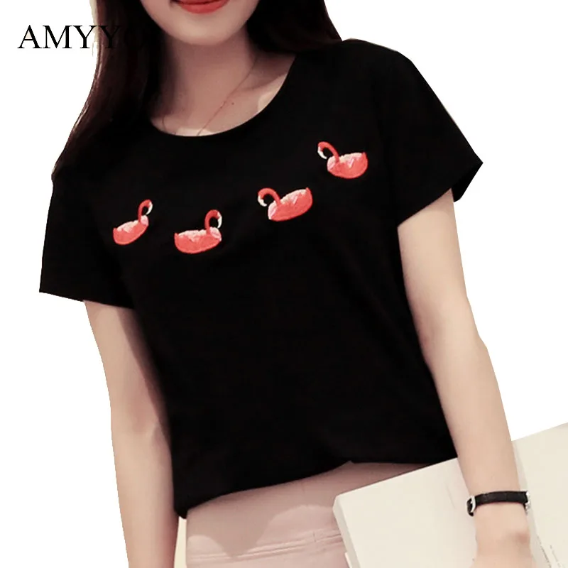 AMYYO 2017 Новый Корейский 3D Вышивка Лебедь Шею Рубашки хлопок С Коротким Рукавом