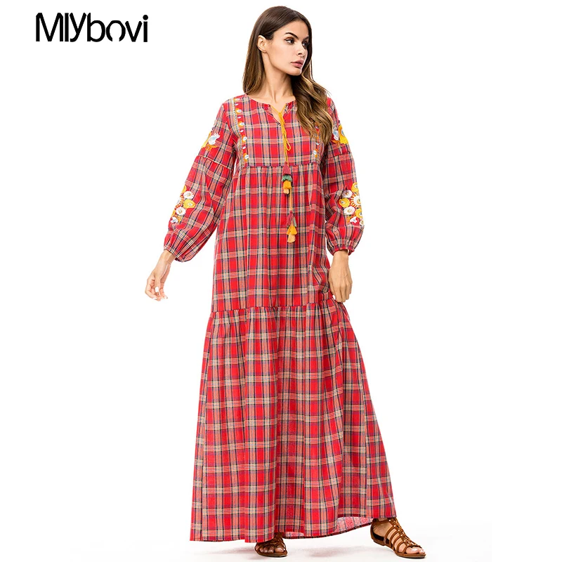 Женское красное Плед мусульманского платья 2018 Ретро Дубай Abaya мусульманские
