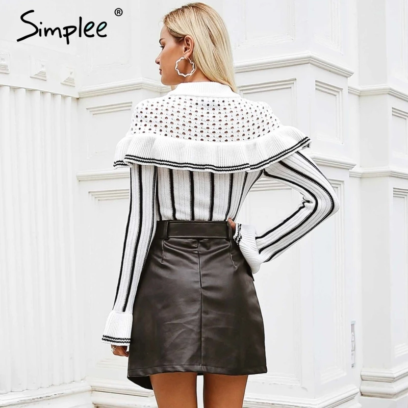 Женский полый свитер Simplee с рюшами вязаный пуловер для осени и зимы полосатый