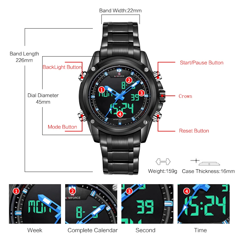Часы наручные NAVIFORCE Мужские кварцевые роскошные брендовые Водонепроницаемые