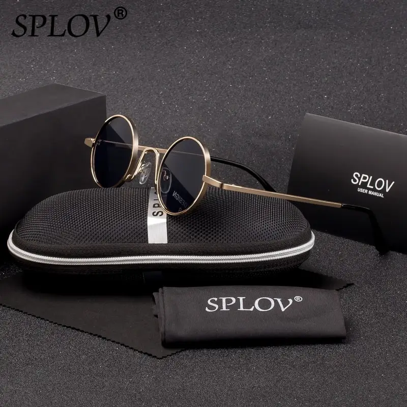 W1 Gold Grey SPLOV, Ретро стиль, Rap, солнцезащитные очки для мужчин и женщин, пара, панк стиль, хип-хоп, маленькая круглая металлическая оправа, очки, Ретро стиль, Gafas De Sol, чехол - Цвет линз: W1 Gold Grey