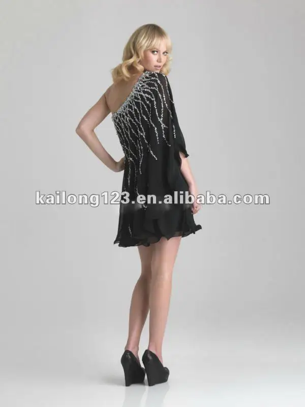 Soft Flowing Short One-shoulder Sheath Column Fitted White Black Crystal Beading Chiffon Frock Design For Girls | Свадьбы и