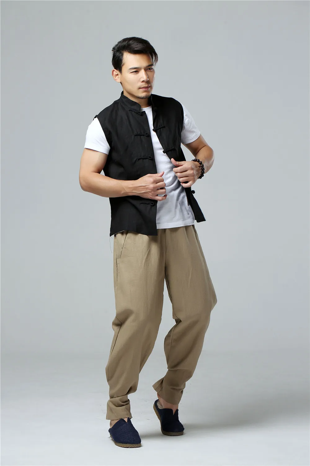 LZJN Men's Summer Waistcoat Chinese Style Vintage Breathable Linen Button Down Kung Fu Shirt Sleeveless Vest Jacket