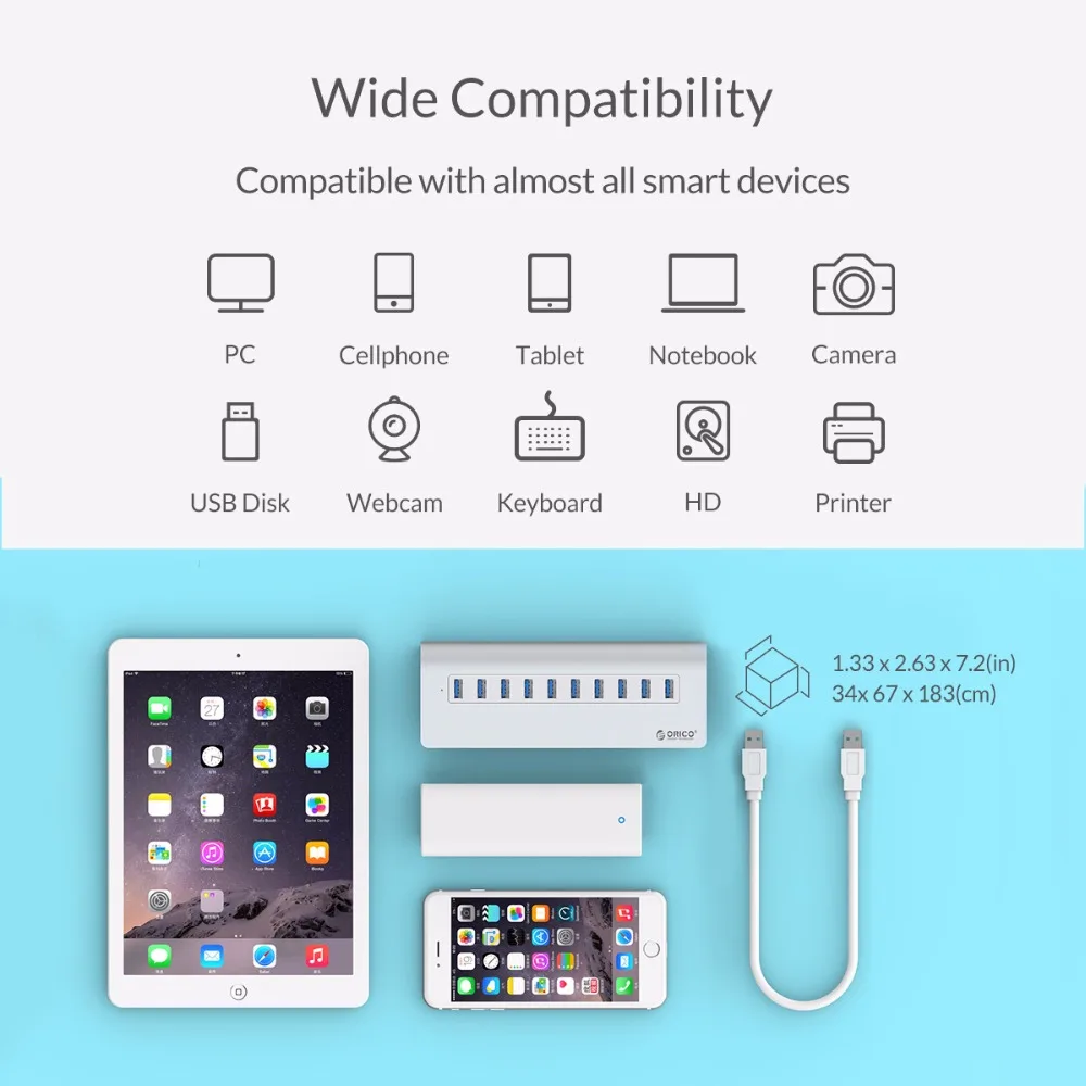 Алюминиевый Концентратор ORICO с 10 портами USB 3 0 для смартфонов планшетов ноутбуков