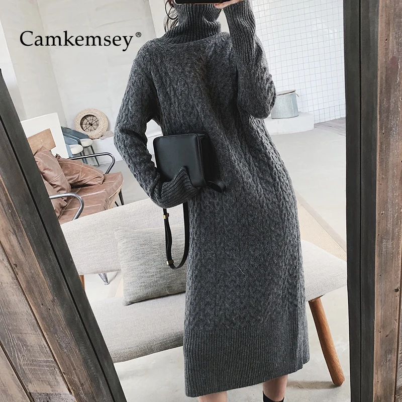 CamKemsey, толстый теплый зимний свитер, платье для женщин, макси Vestidos,, осенняя мода, скрученная водолазка, вязанные длинные платья