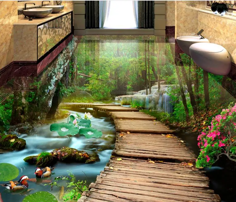 Пользовательские 3d напольные плитки фото обои мост воды ПВХ Самоклеящиеся для