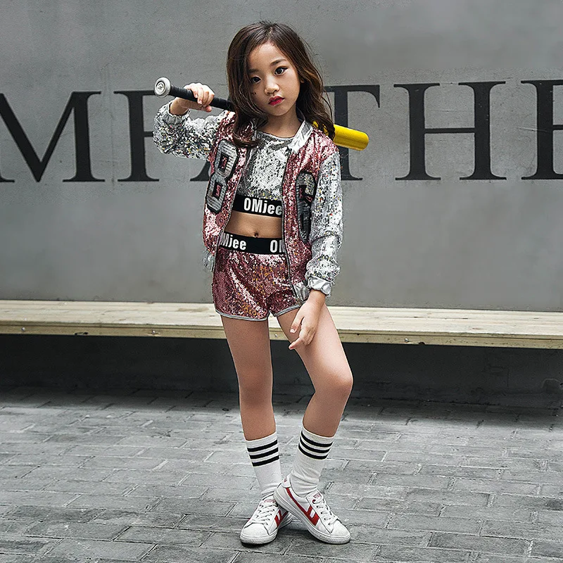 

New Sequin Children Jazz Hip hop Modern Dance Costume Child Girl Street Stage Show Wear Clothes Outfits