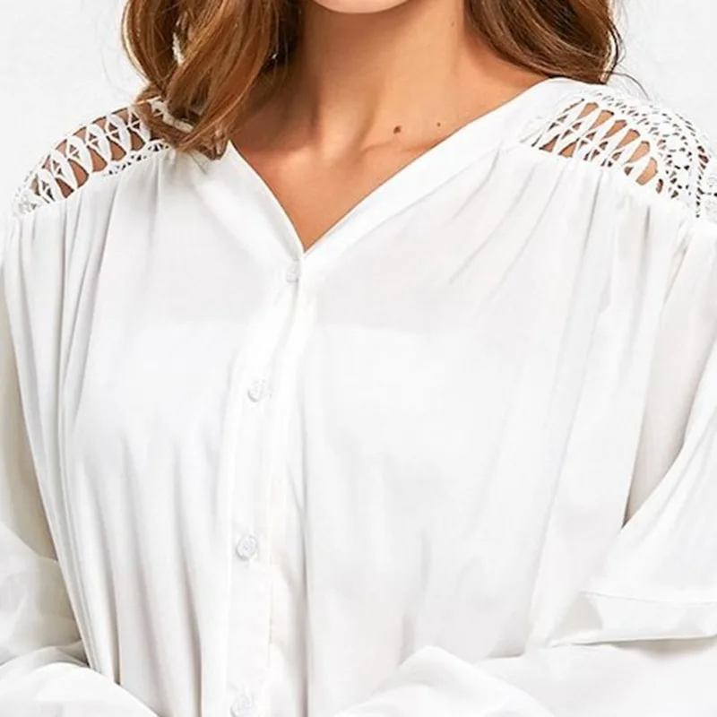 Laamei Sexy Hollow Out Women Blouse Fashion Solid Lace Patchwork Summer V-Neck Blusas full Sleeve Top Ladies |