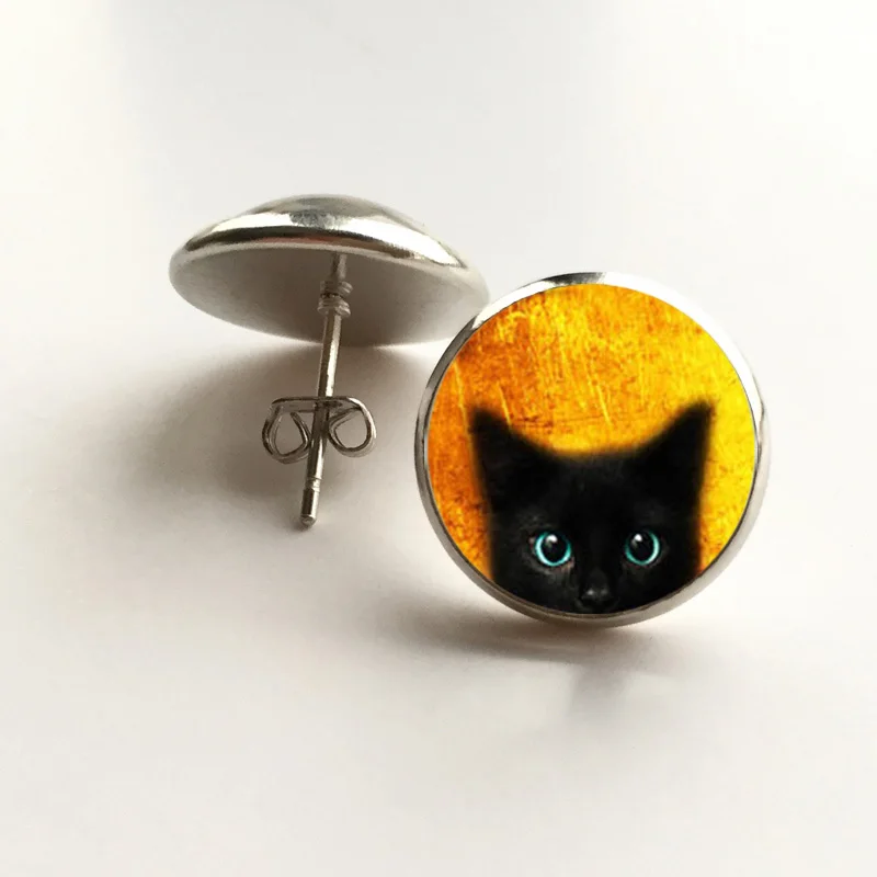 

1pair Peeking Black Cat,Cute cat cufflinks and earrings jewelry glass Cabochon cufflinks