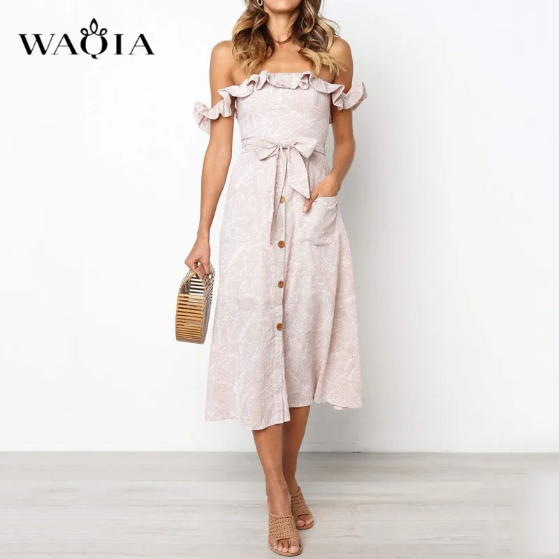 WAQIA Sexy Bow Backless Printed Beach Summer Dress Women 2019 Ruffles Strapless Buttons Black Pink Off Shoulder Midi Dresses | Женская