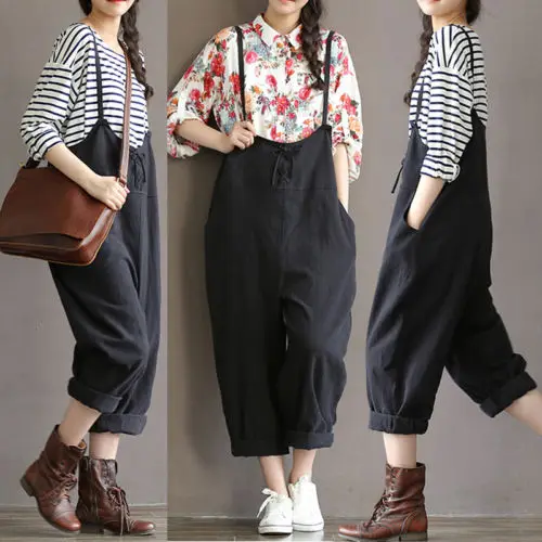 

New Women Ladies Black Apricot Pants Solid Long Loose Casual Lace Up Overall Summer Trousers