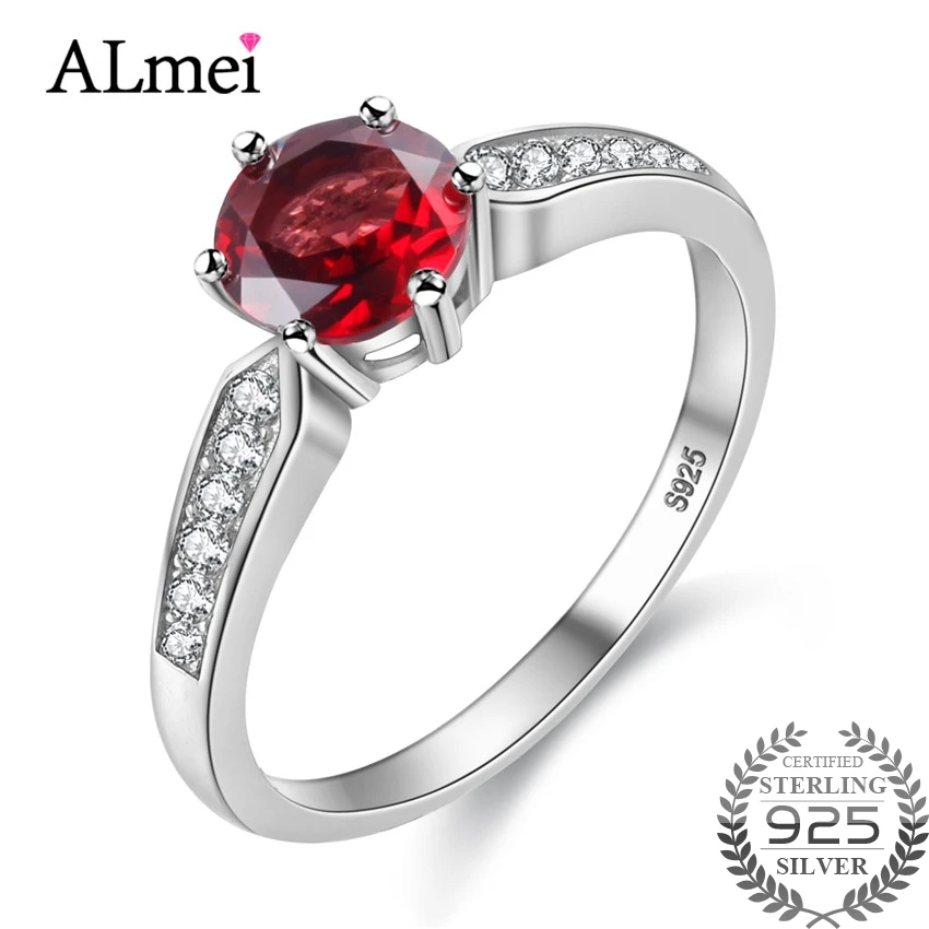 Almei 0.8ct кровяной красный гранат любовь кольца S925 стерлингового серебра Свадебные