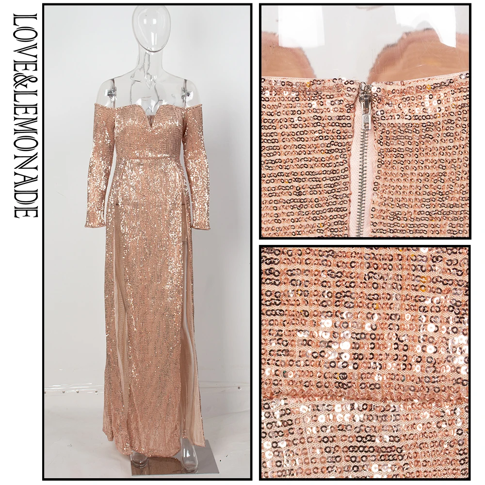 

LOVE & LEMONADE Sexy Deep V-Neck Cut Out Sequins Long-Sleeved Maxi Dress LM81599 ROSEGOLD