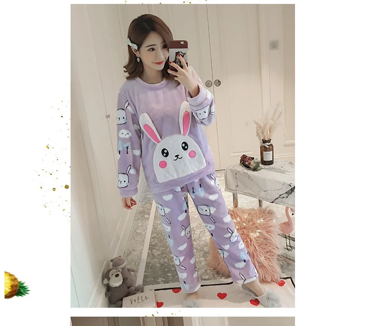 Женские милые пижамы, Осень-зима, фланелевые, Kawaii Rabbit, Корейская Пижама, Ночная одежда, ночное белье, nuisette femme de nuit, пижамы