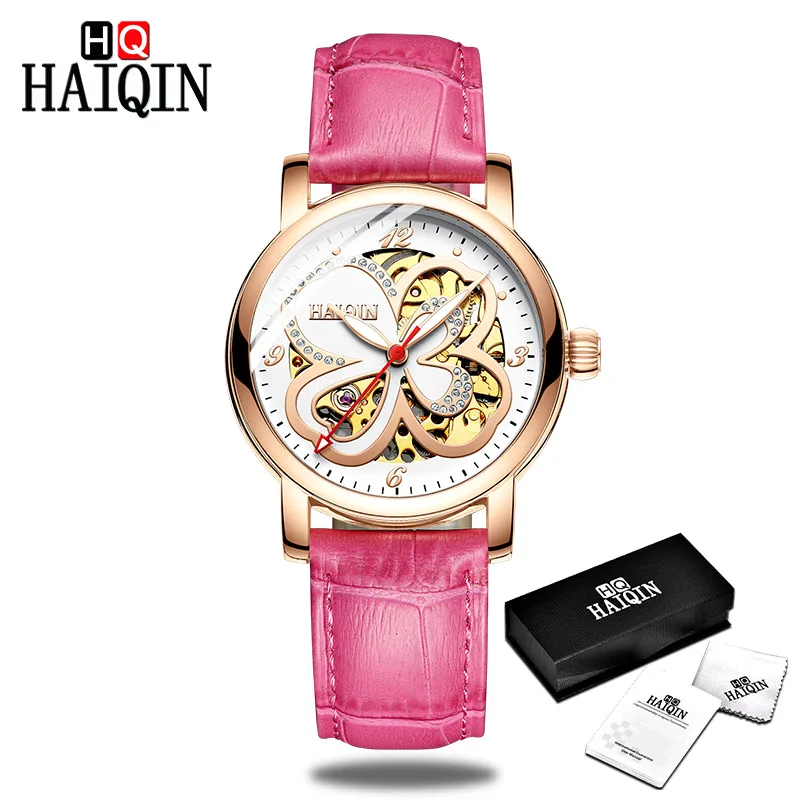 pink HAIQIN Для женщин часы Элитный бренд автоматические механические Женские Аутентичные Модные полые Водонепроницаемый часы четыре листа клевера - Цвет: pink