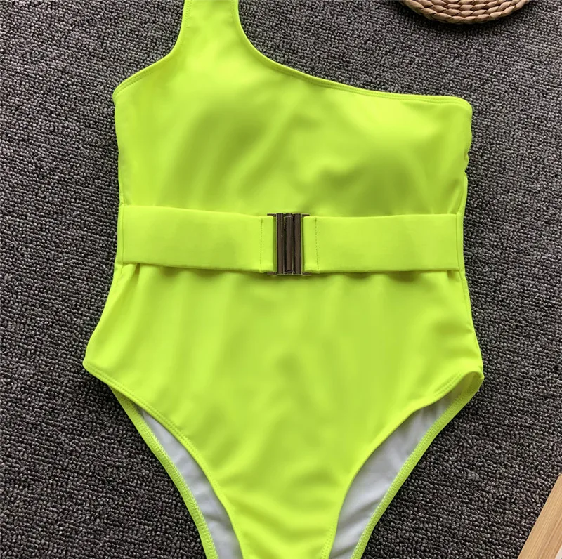 Купальник на одно плечо бикини 2019 сексуальный неоновый цельный женский монокини