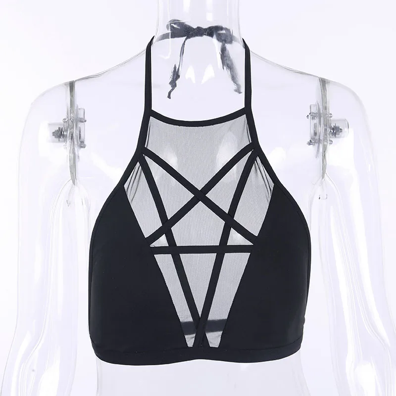 Hollow out Pentagram Halter Tank Tops Dark Fashion Padded Hanging Neck Mesh Perspective Women's Summer Backless Sexy Vest | Женская