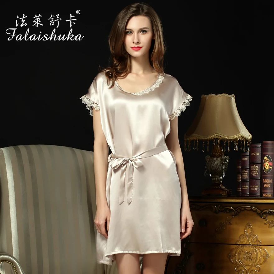 

5colors women brand new solid color 100% silk night sleepshirts for summer fashion free size large casual sash silk nightgowns