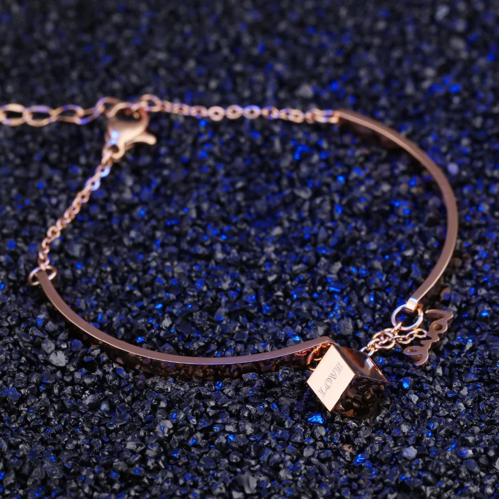 Fashion Stainless Steel Chain Bangles Bracelets For Women Love Letter &amp Cube Rose Gold Color Extended Charm Jewelry | Украшения и