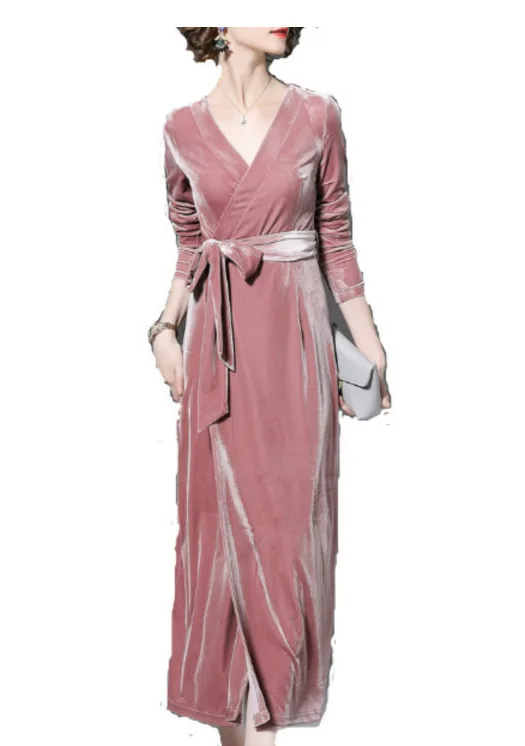 

New European and American Pink Velvet Dress Elegant V-Neck Dress with Sashes