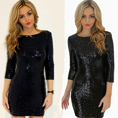 Платье пайетки Зеленый Женщины Sexy Club Платья Slim Fit Спинки Bodycon Ночной Клуб Мини Старинные платье lentejuelas платья женские женское - Цвет: black