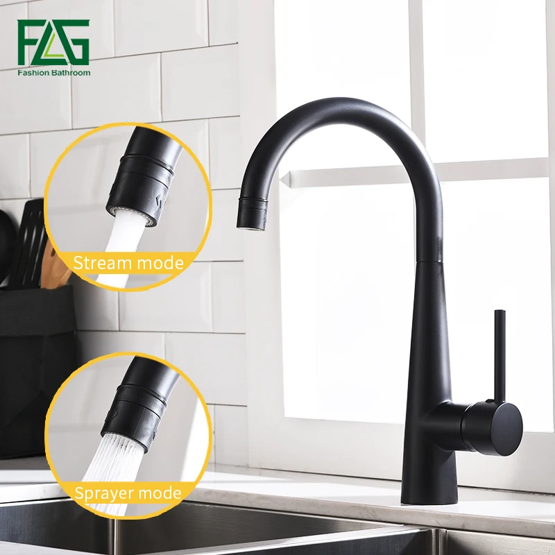 

FLG Kitchen Sink Faucets Black Brass Kitchen Faucet 360 Swivel 2 Function Water Outlet Mixer Cold Hot Mixer Water Tap 1013-33B