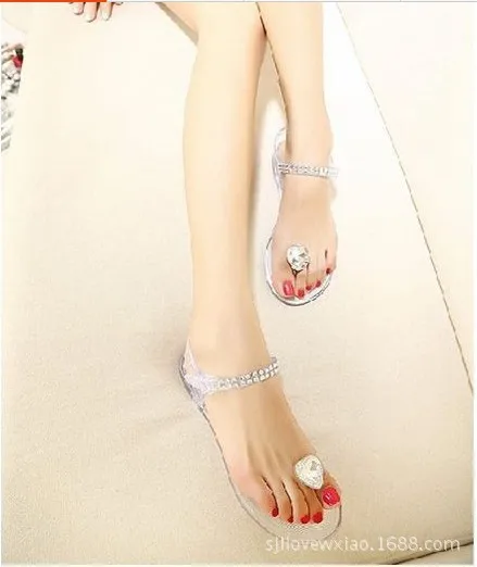 New shoes Korean peach heart rhinestone thong sandals jelly / flat transparent crystal | Обувь
