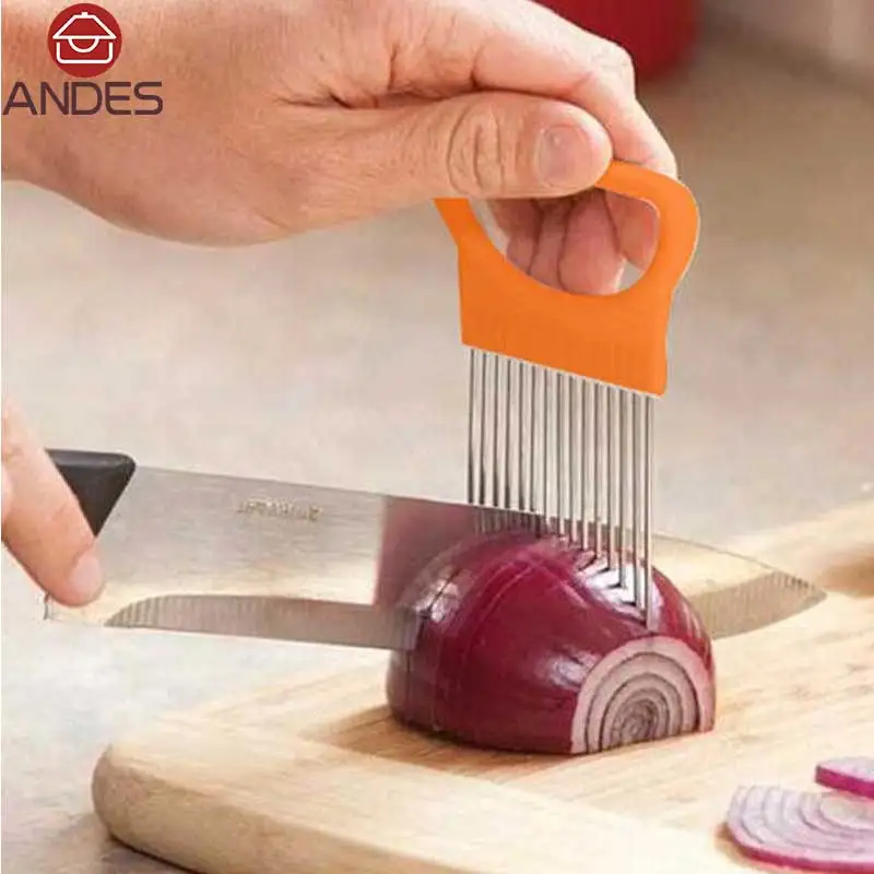 Легко вырезать лук держатель вилка из нержавеющей стали пластиковый слайсер для