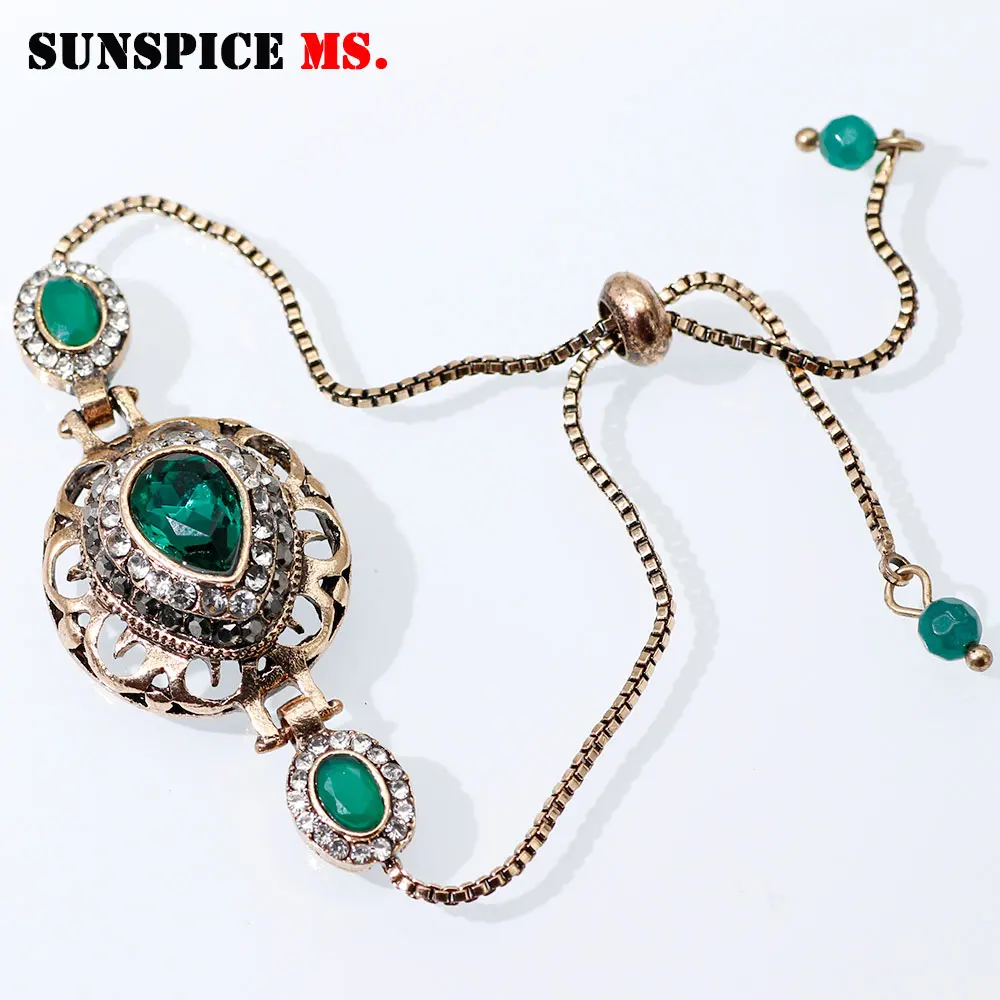 ll0002green SUNSPICE MS vintage hollow flower sliding bracelet Dubai women wedding jewelry antique gold color adjustable wrist chain - Окраска металла: ll0002green