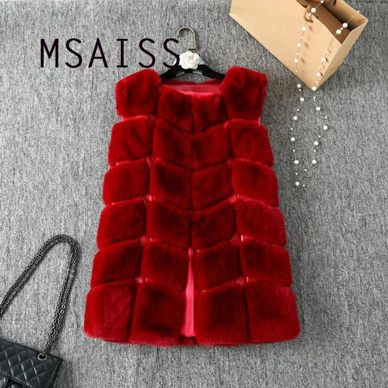 

MSAISS Winter Rabbit Hair Fur Coat Women Faux Fur Vest Plaid Warm PU Leather Pocket Jacket Women Fur Outerwear feminino
